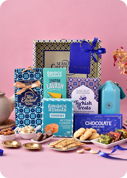 Diwali Delight Hamper Tray: Chcocolate, Snacks, Cookies, Tea & DryFruits