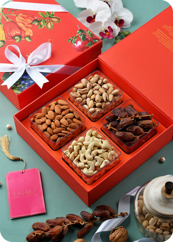 "Exotic Gifting Tray : A Delightful Nutty Indulgence with Cashews, Almonds, Pistachios, and Dates"