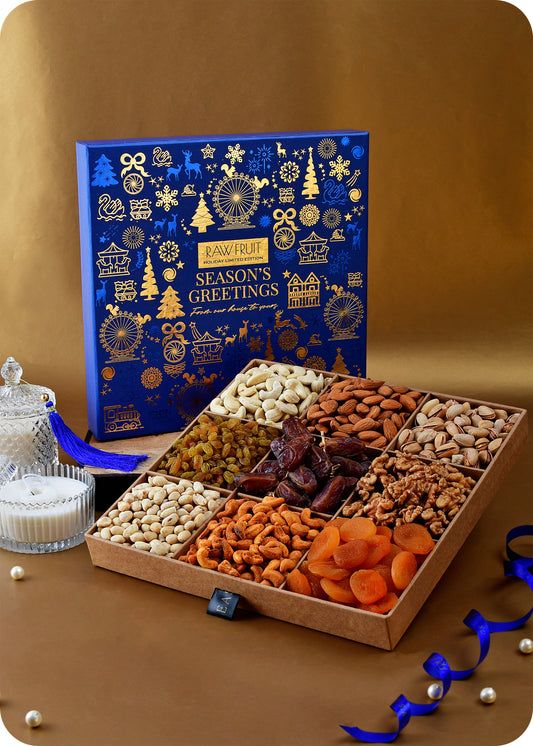 Seasons Greeting Wooden Tray with Premium Dry Fruits & Dried Apricot, Basic Blue