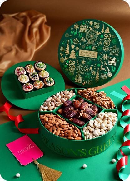 Seasons Greeting Round Box Basic with luxurious Tarts and Dry Fruits - Green