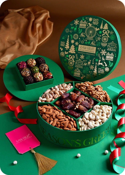 Seasons Greeting Round Box Premium Ladoo & Dry Fruits - Green