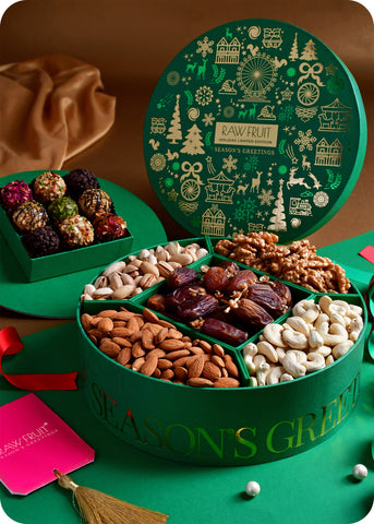 Seasons Greeting Round Box Premium Ladoo & Dry Fruits - Green