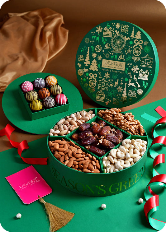 Seasons Greeting Round Box with luxurious Marzipan Balls and Dry Fruits - Green