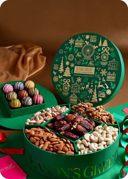 Seasons Greeting Round Box with luxurious Marzipan Balls and Dry Fruits - Green