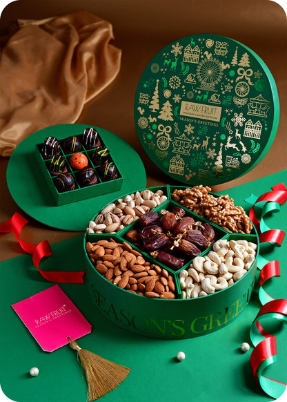 Seasons Greeting Round Gift Box Premium Chocolate & Dry Fruits - Green