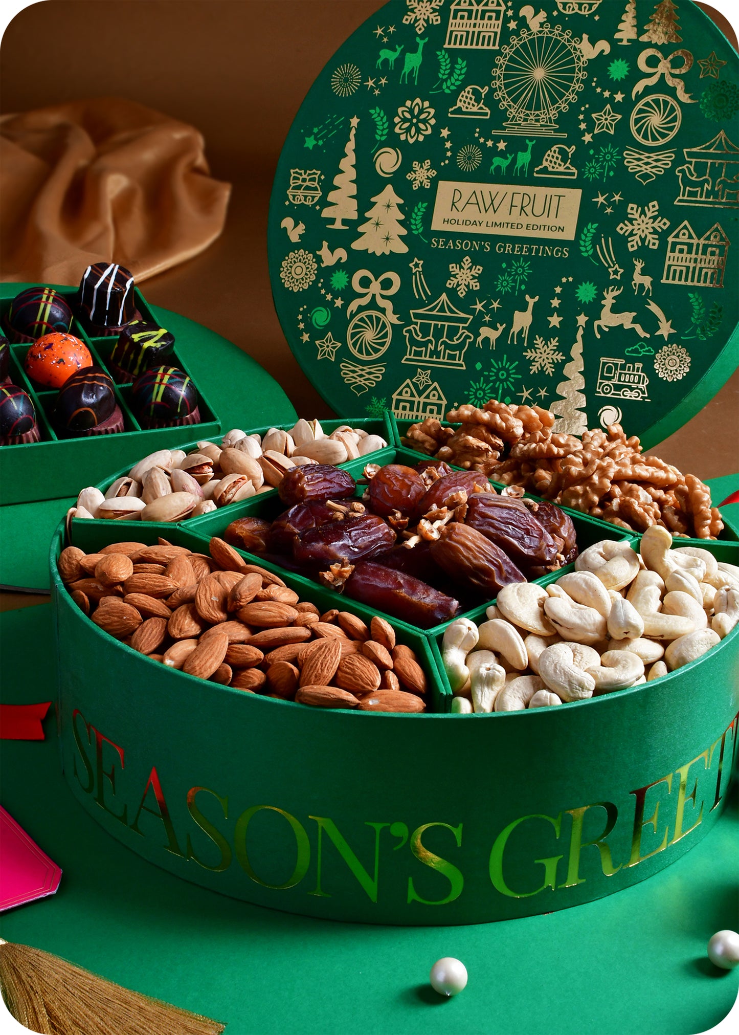 Seasons Greeting Round Gift Box Premium Chocolate & Dry Fruits - Green