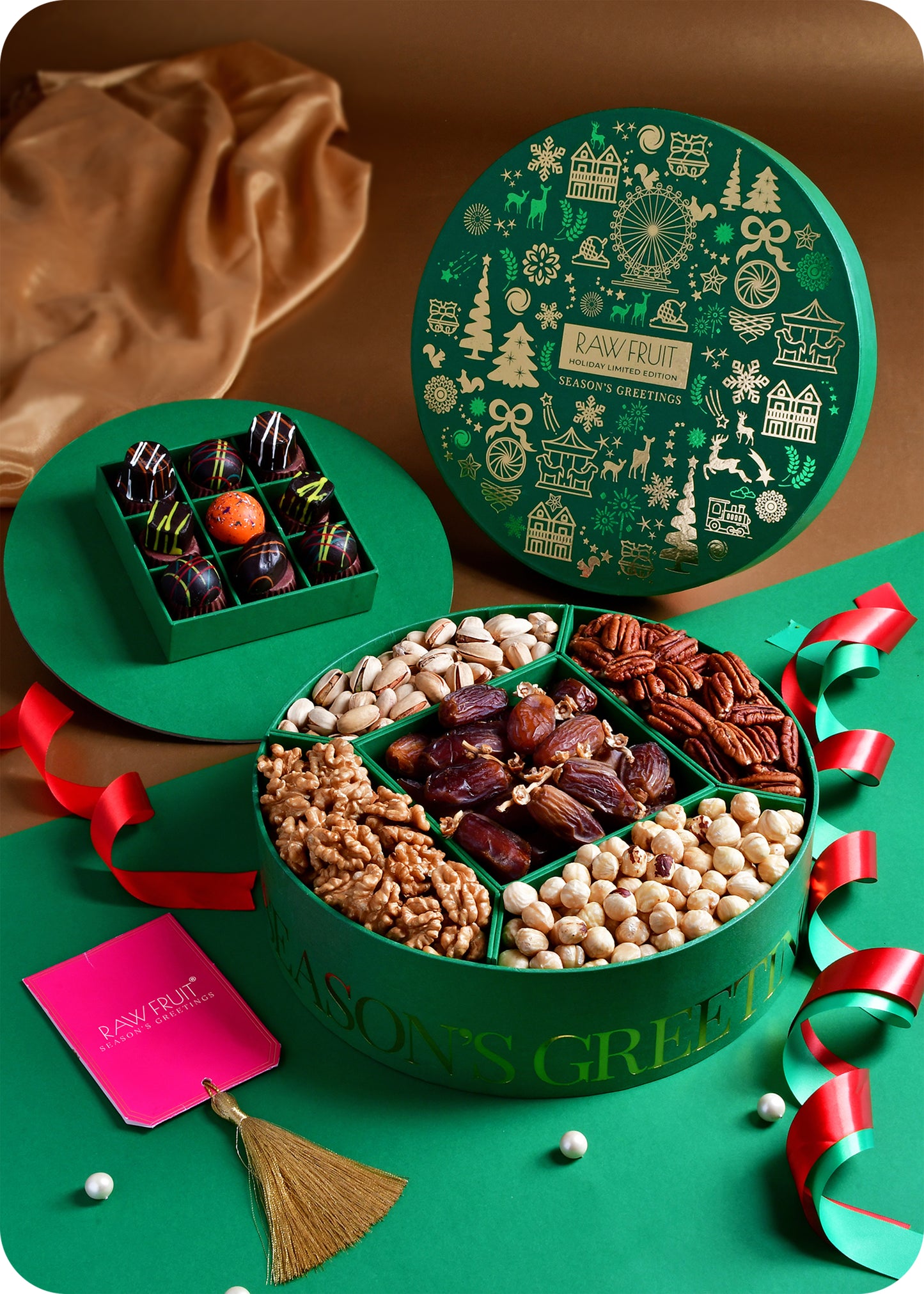 Seasons Greeting Round Gift Box Premium Chocolate & Dry Fruits - Green