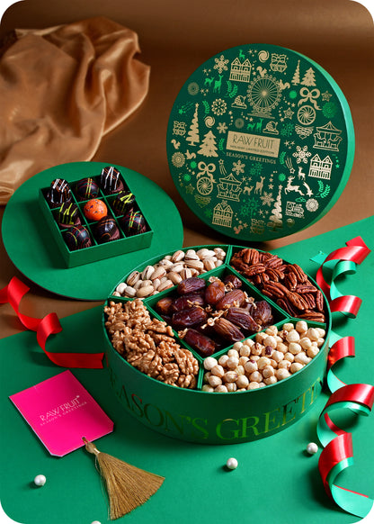 Seasons Greeting Round Gift Box Premium Chocolate & Dry Fruits - Green