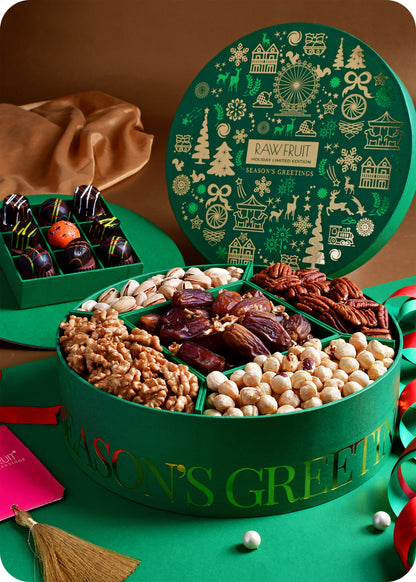 Seasons Greeting Round Gift Box Premium Chocolate & Dry Fruits - Green