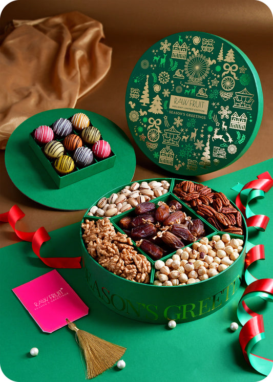 Seasons Greeting Round Box with Premium Marzipan, & Dry Fruits & Nuts - Green