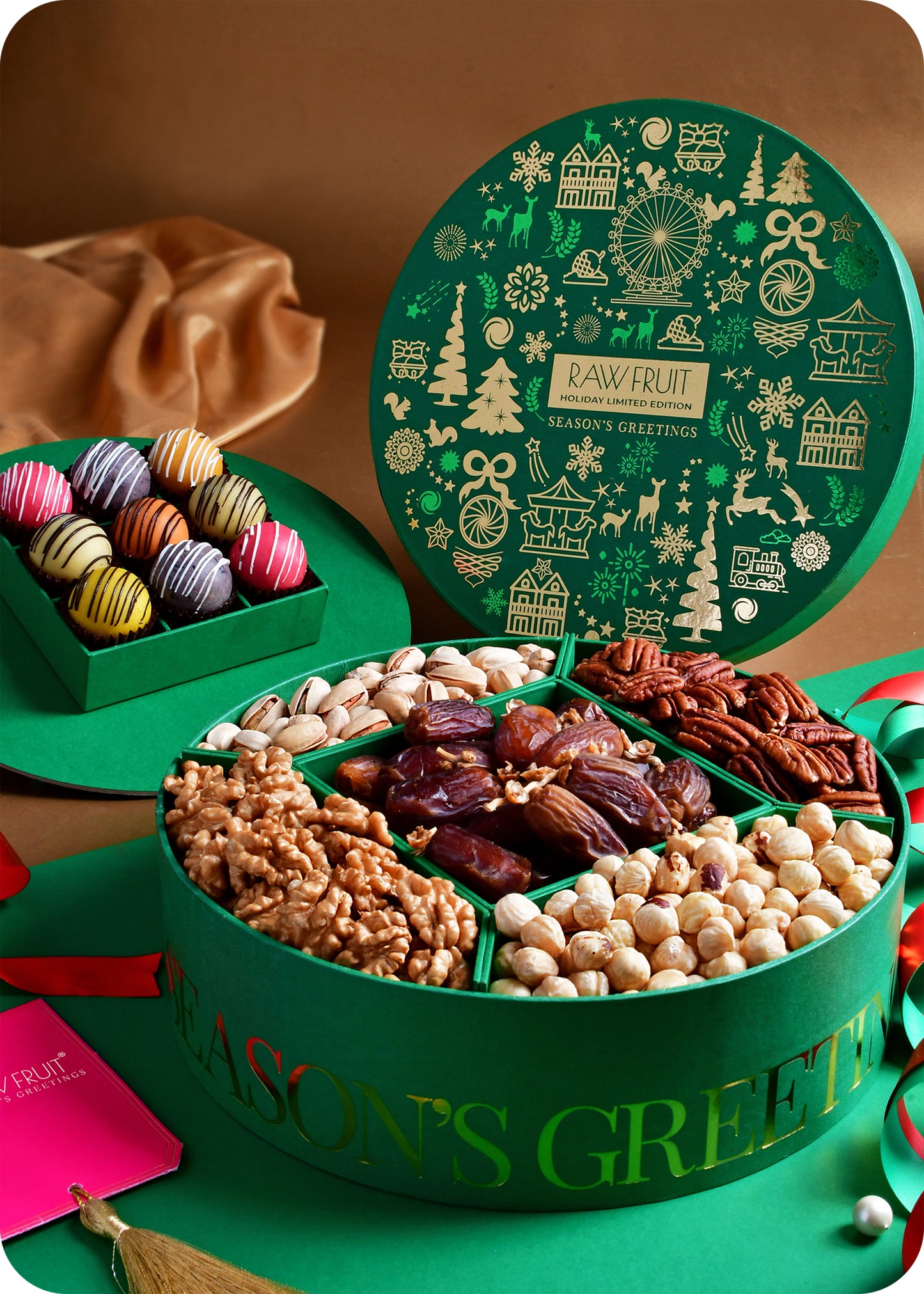 Seasons Greeting Round Box with Premium Marzipan, & Dry Fruits & Nuts - Green