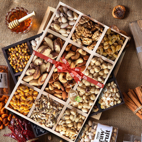 Buy our floral dried fruit & nut gift tray at broadwaybasketeers.com